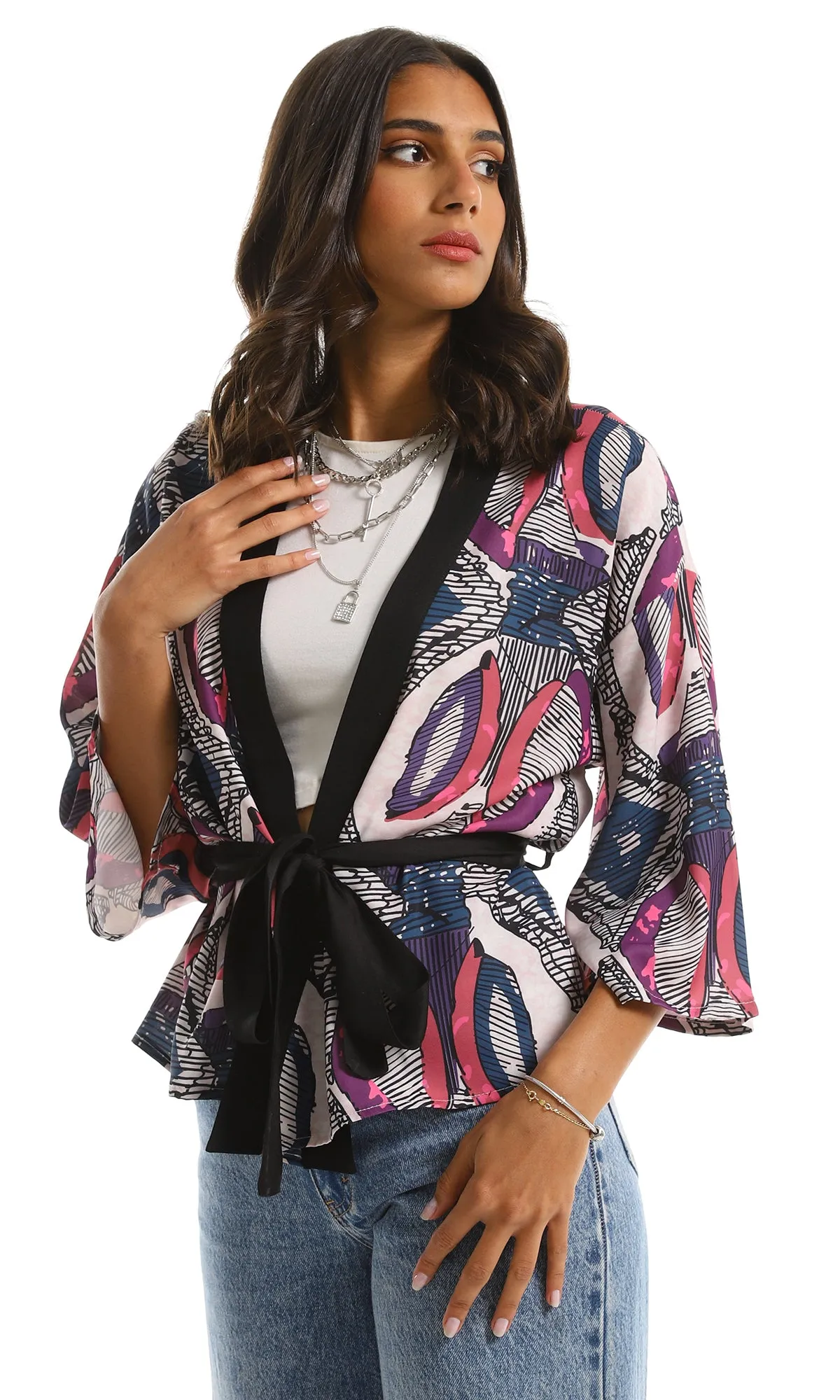 98270 Slip On Patterned Lightweight Cardigan - Beige, Purple & Black