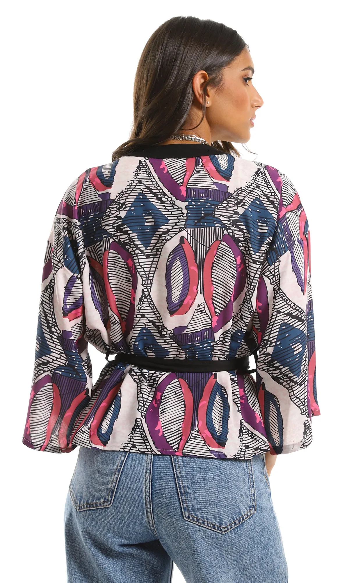 98270 Slip On Patterned Lightweight Cardigan - Beige, Purple & Black