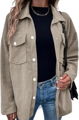 Astylish Womens Waffle Knit Long Shacket Jacket Oversized Casual Blouses Button Down Collared Dressy Shirts