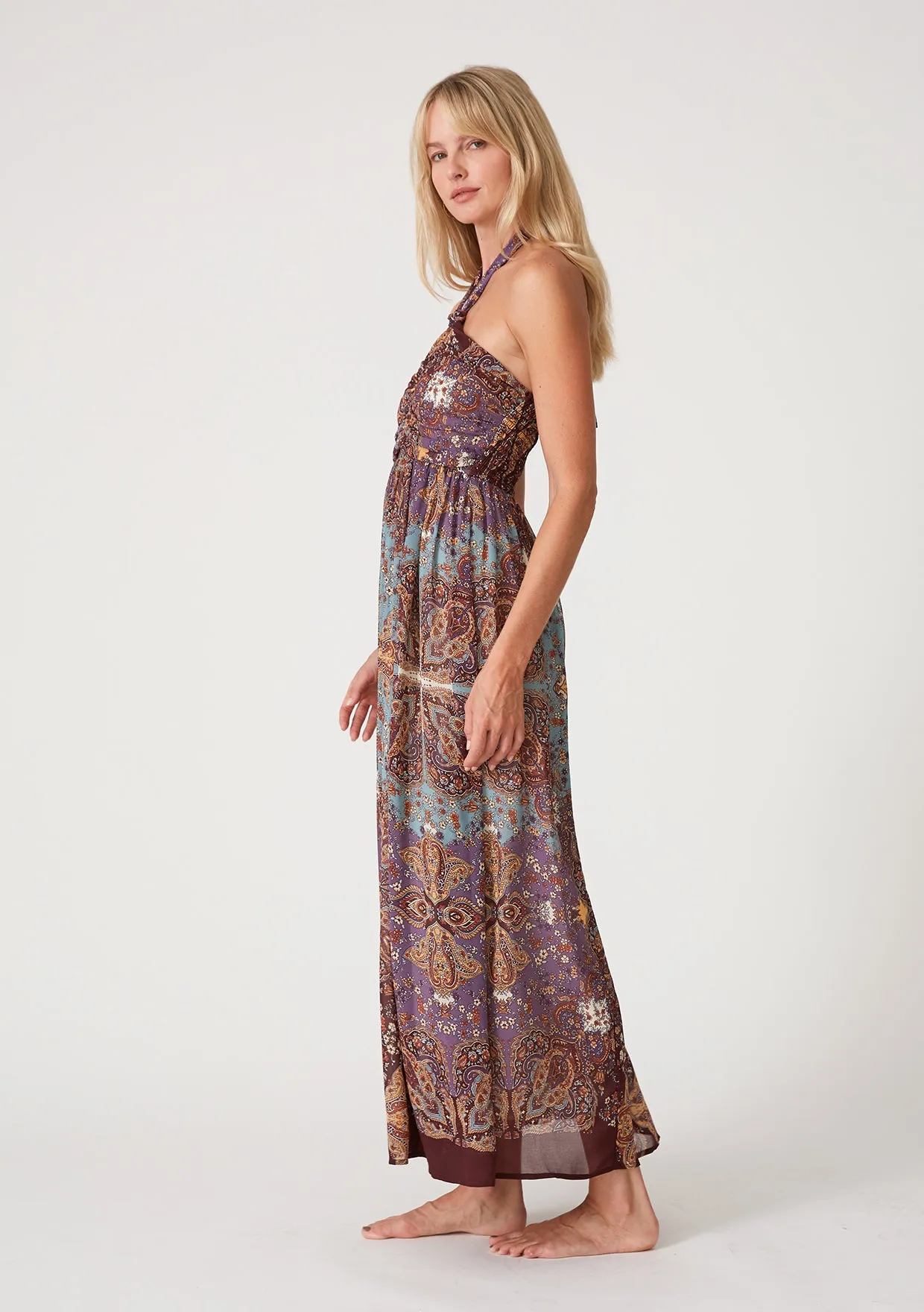 Bohemian Floral Smocked Halter Maxi Dress