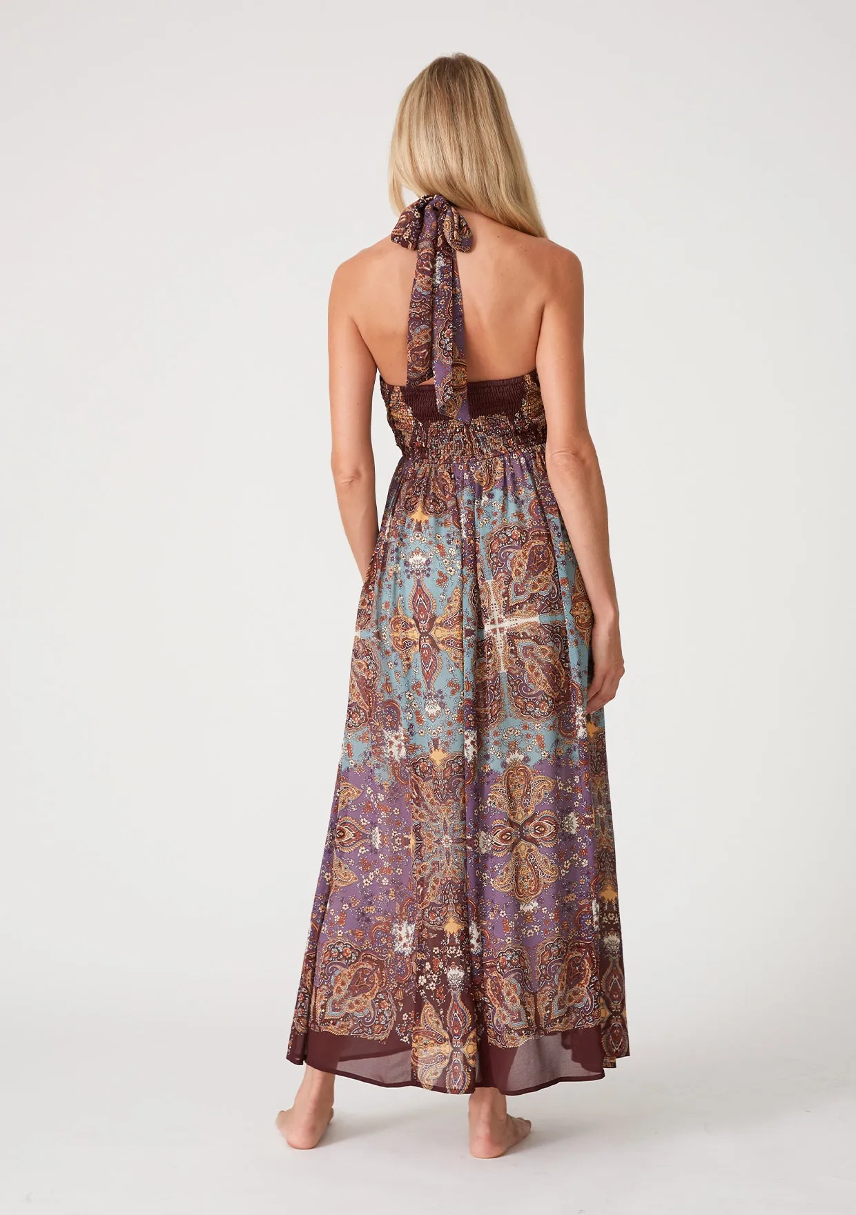 Bohemian Floral Smocked Halter Maxi Dress