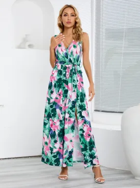 Bohemian Printed Sleeveless V-neck Slit Dress