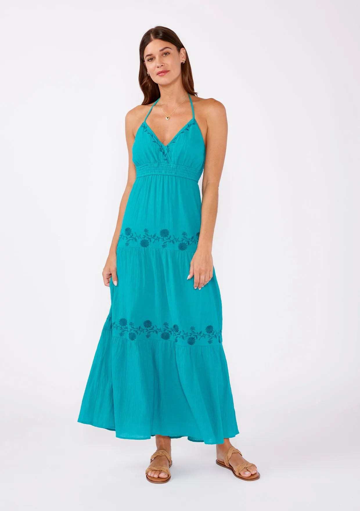 Boho Embroidered V Neck Tiered Halter Maxi Dress