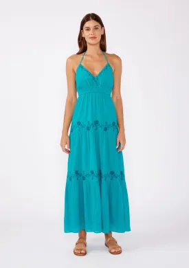 Boho Embroidered V Neck Tiered Halter Maxi Dress