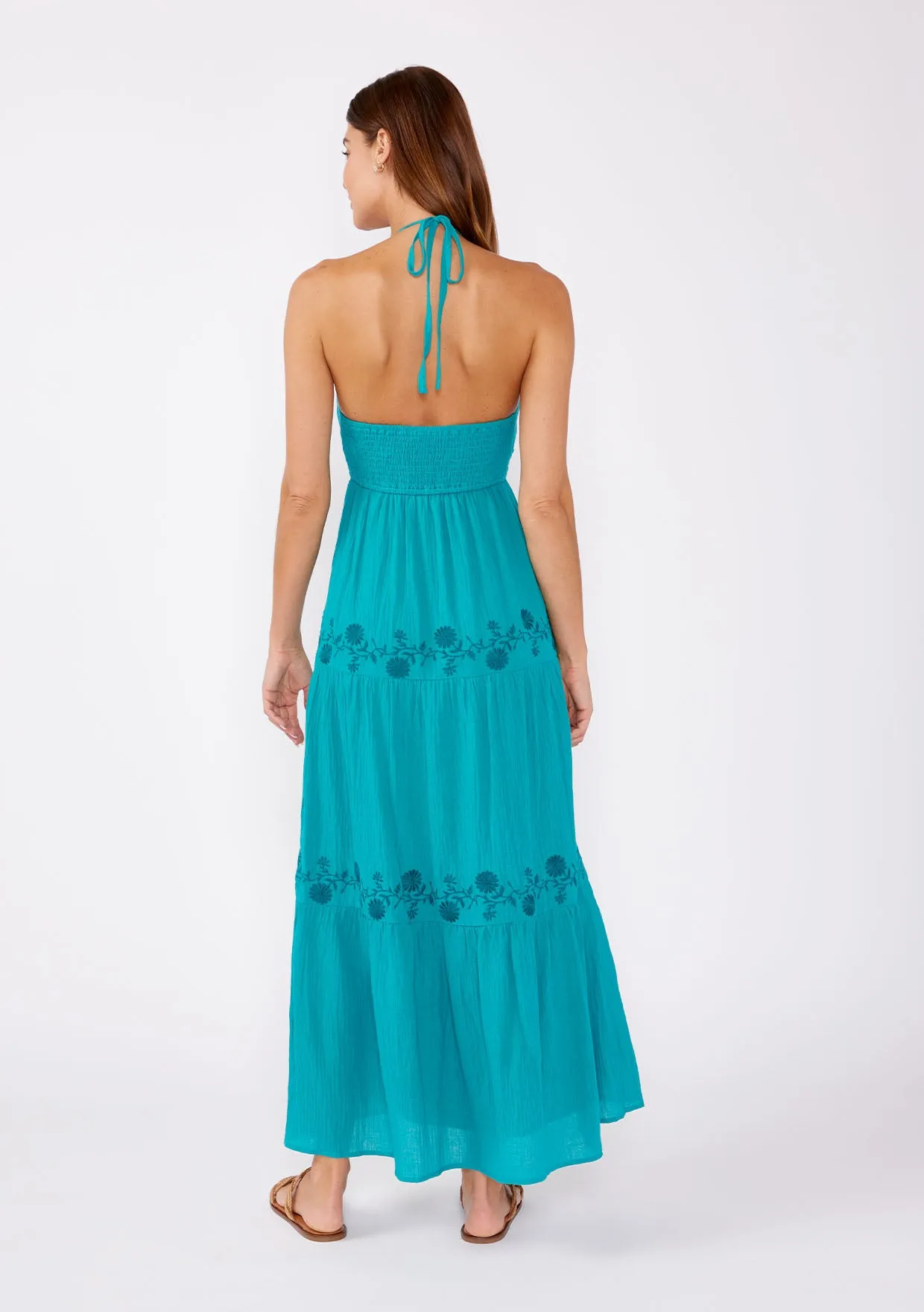 Boho Embroidered V Neck Tiered Halter Maxi Dress