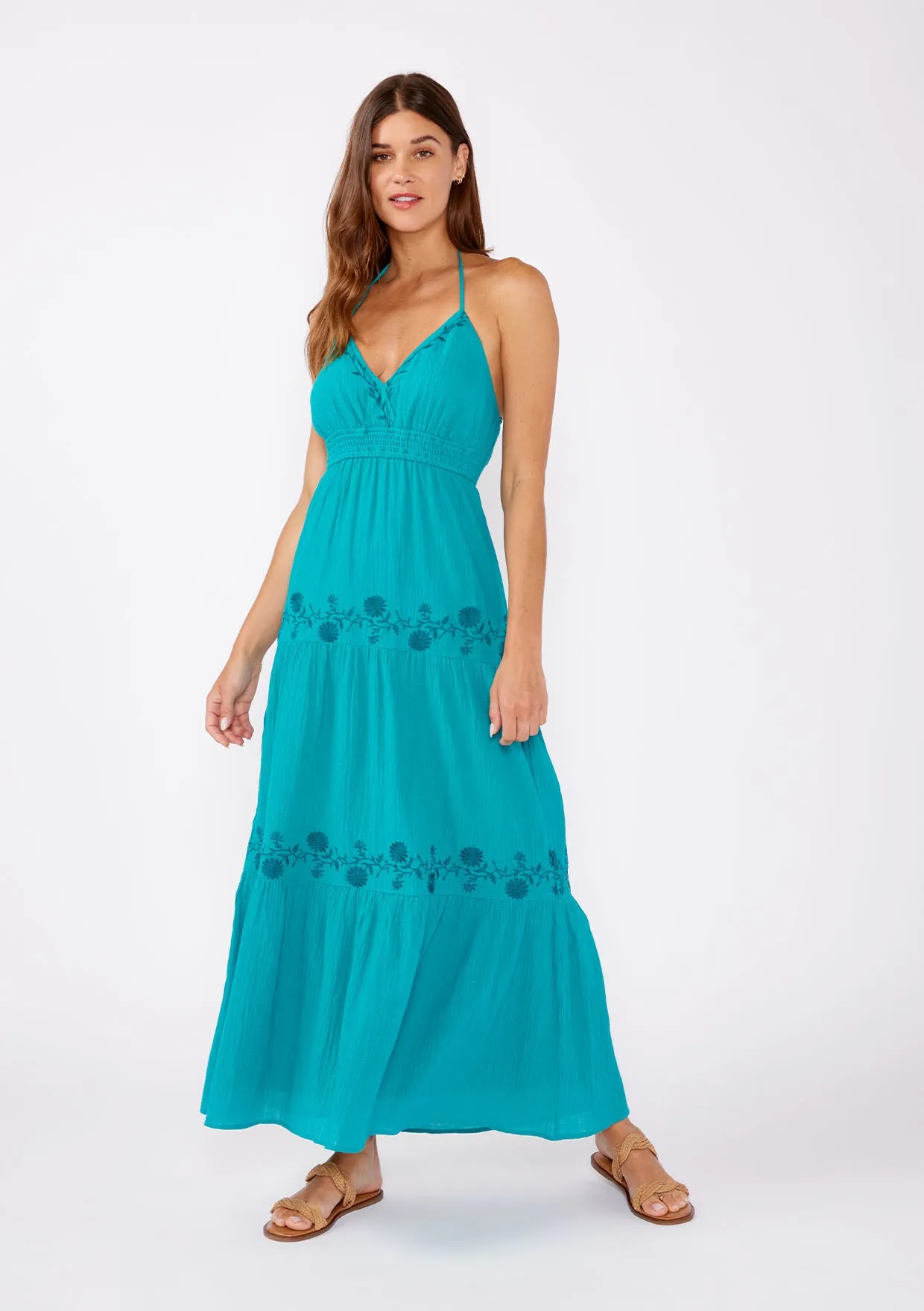 Boho Embroidered V Neck Tiered Halter Maxi Dress