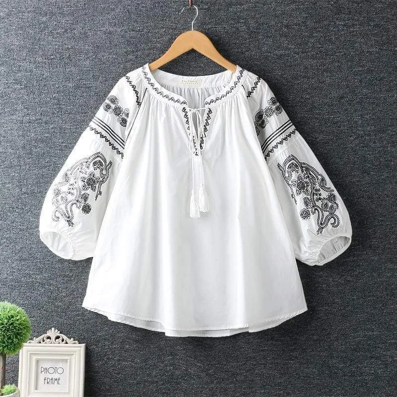 Boho style Embroidery Lace Up Blouse