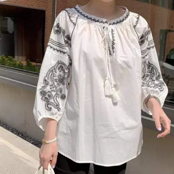 Boho style Embroidery Lace Up Blouse