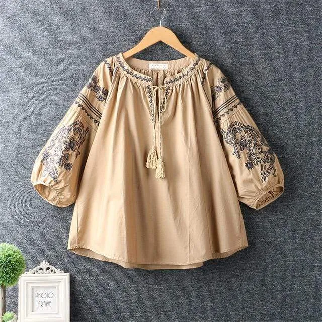 Boho style Embroidery Lace Up Blouse