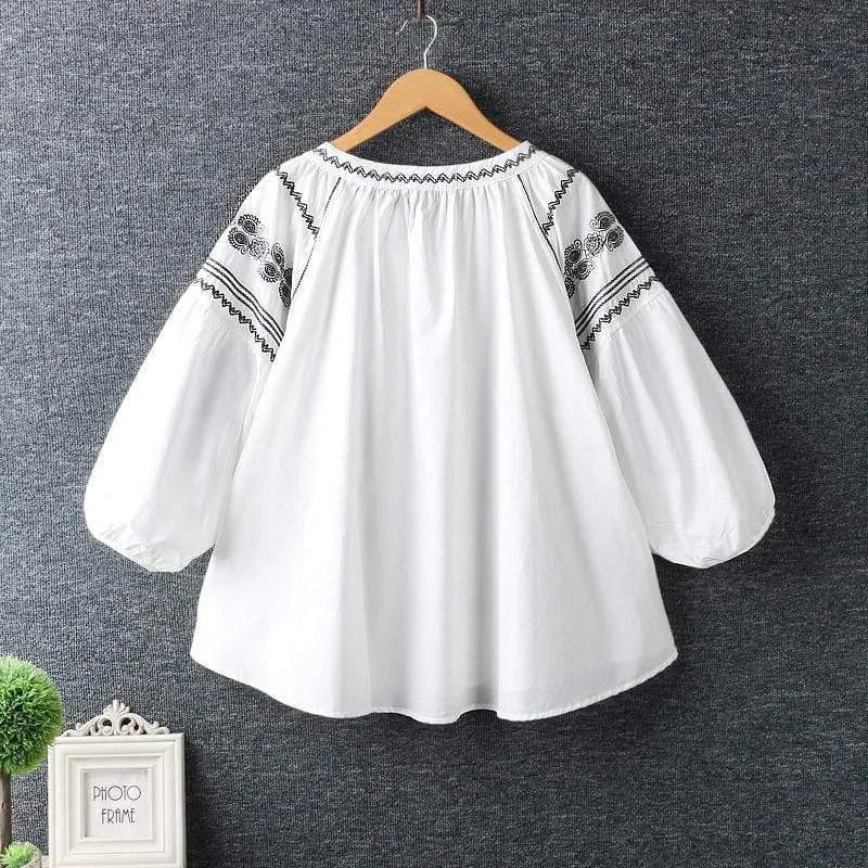 Boho style Embroidery Lace Up Blouse
