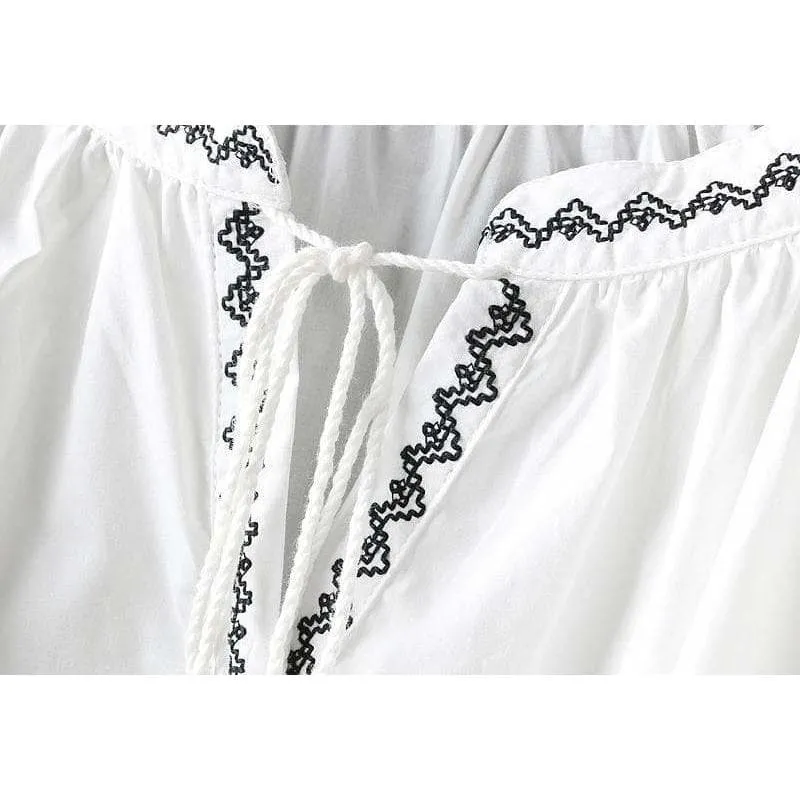 Boho style Embroidery Lace Up Blouse