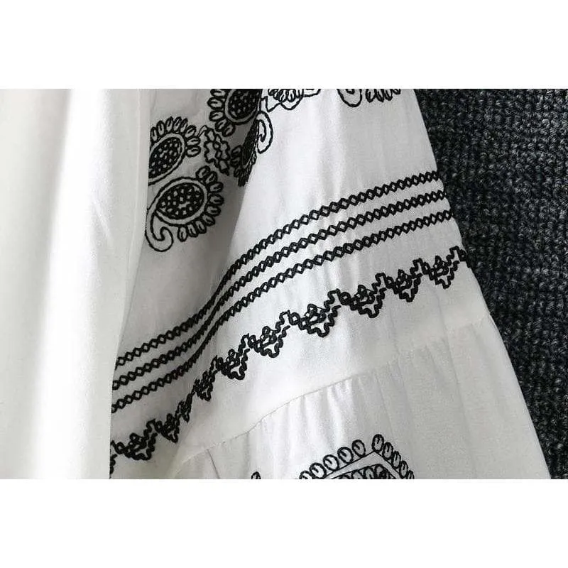 Boho style Embroidery Lace Up Blouse