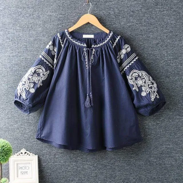 Boho style Embroidery Lace Up Blouse