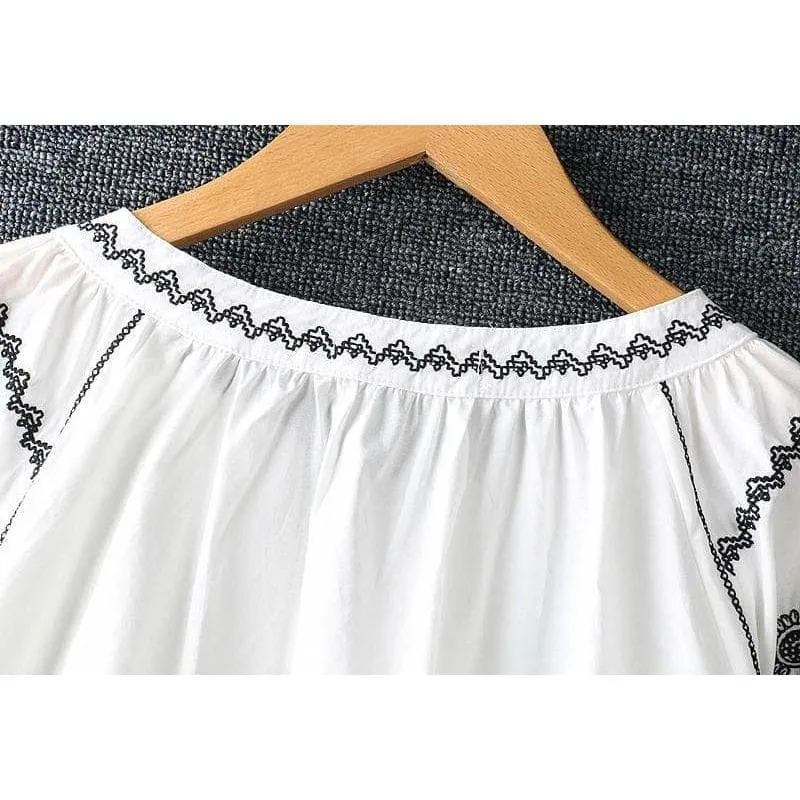 Boho style Embroidery Lace Up Blouse