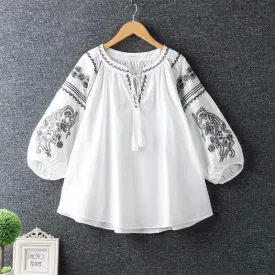Boho style Embroidery Lace Up Blouse