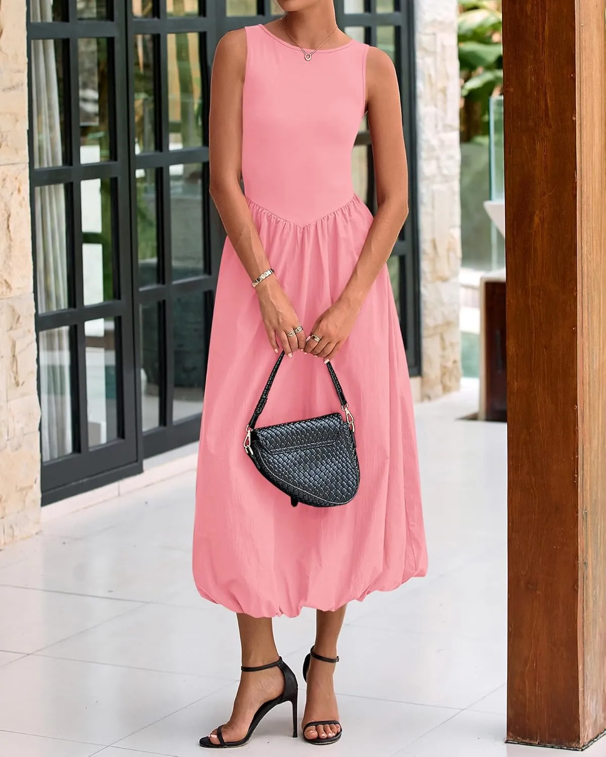 BTFBM Women's 2025 Summer Casual Sleeveless Midi Dress Patchwork Knit Tank Bubble Long Flowy Beach Maxi Sundress Pockets