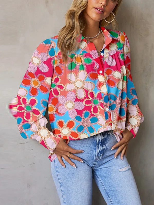 Buttoned Flower Print Bishop Sleeve Long Sleeves Lapel Blouses&Shirts Tops