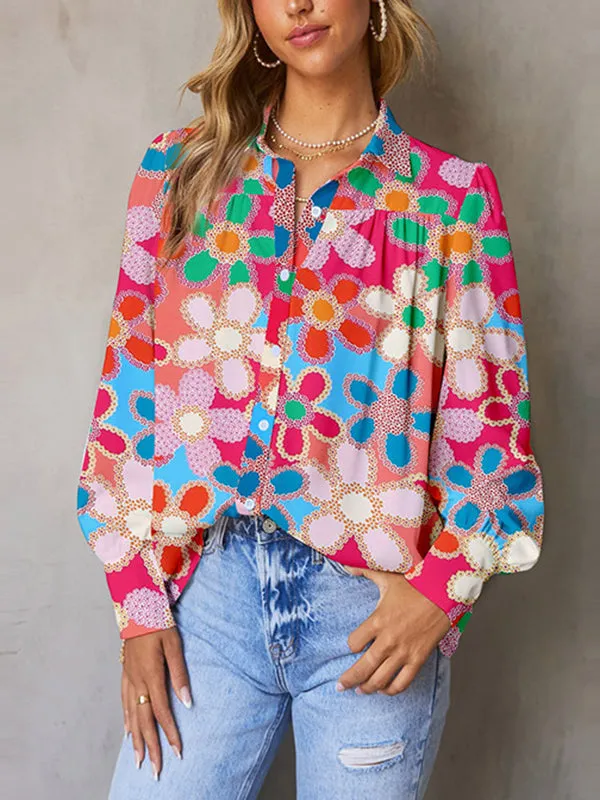 Buttoned Flower Print Bishop Sleeve Long Sleeves Lapel Blouses&Shirts Tops