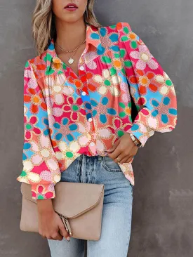 Buttoned Flower Print Bishop Sleeve Long Sleeves Lapel Blouses&Shirts Tops