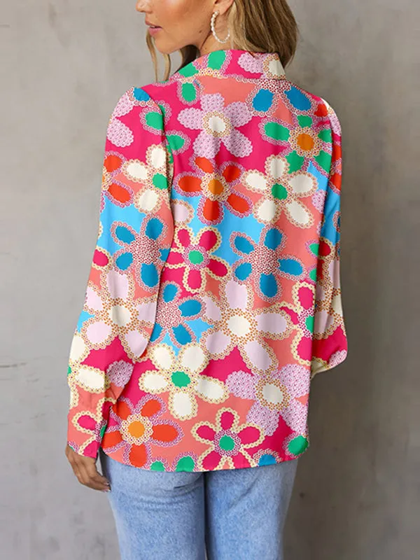 Buttoned Flower Print Bishop Sleeve Long Sleeves Lapel Blouses&Shirts Tops