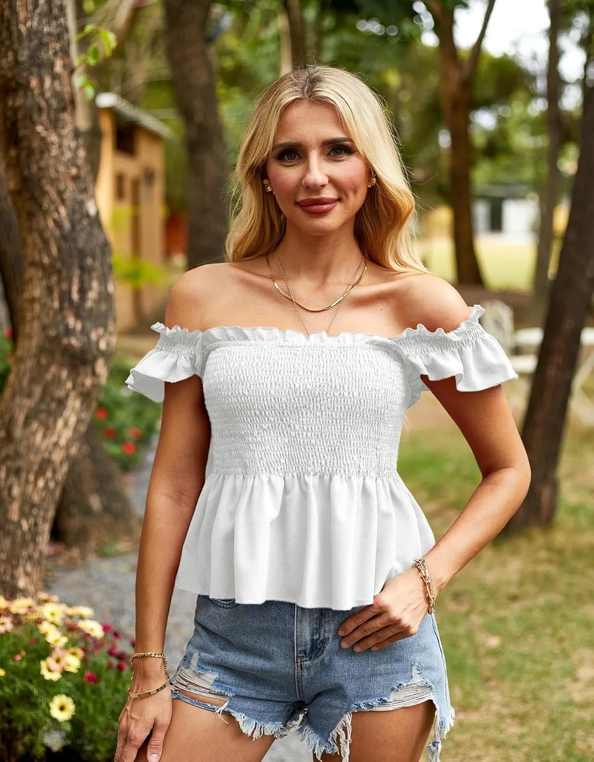 Clarisbelle Women's Summer Smocked Peplum Square Neck Ruffle Sleeveless Tank Top Shirt