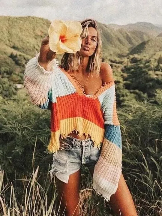 Colorful Knit Loose Long Sleeve Sweater