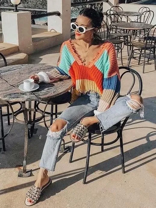 Colorful Knit Loose Long Sleeve Sweater