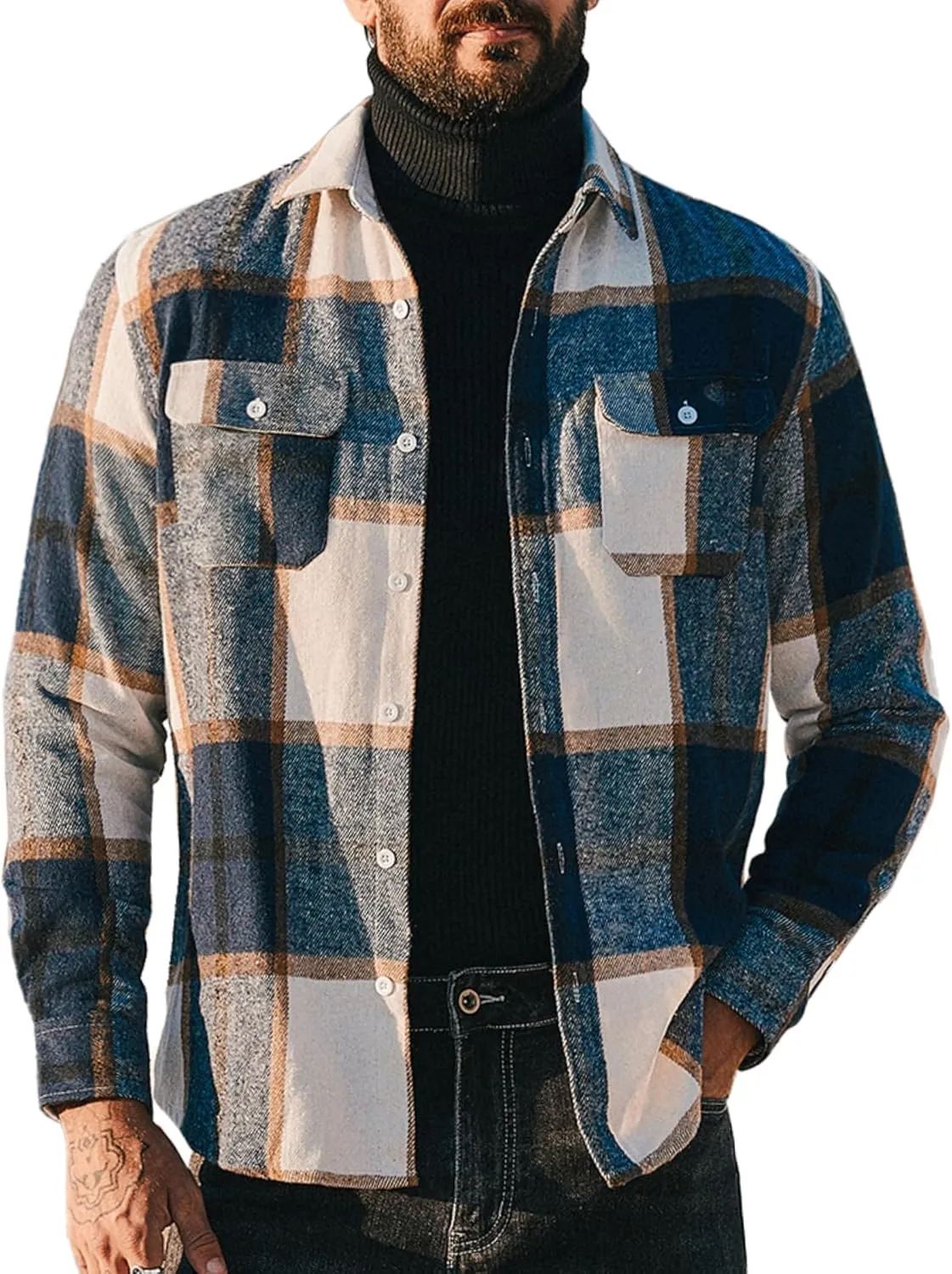 COOFANDY Mens Flannel Shirts Long Sleeve Plaid Shirt Jacket Button Down Shirt with Pockets
