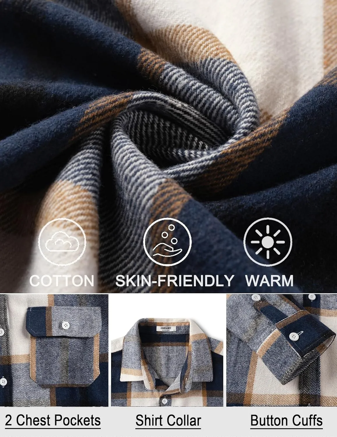 COOFANDY Mens Flannel Shirts Long Sleeve Plaid Shirt Jacket Button Down Shirt with Pockets