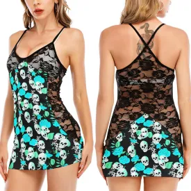 Cyan Skull Rose Floral Women's Black Lace Cami Dress Babydolls Nightgown