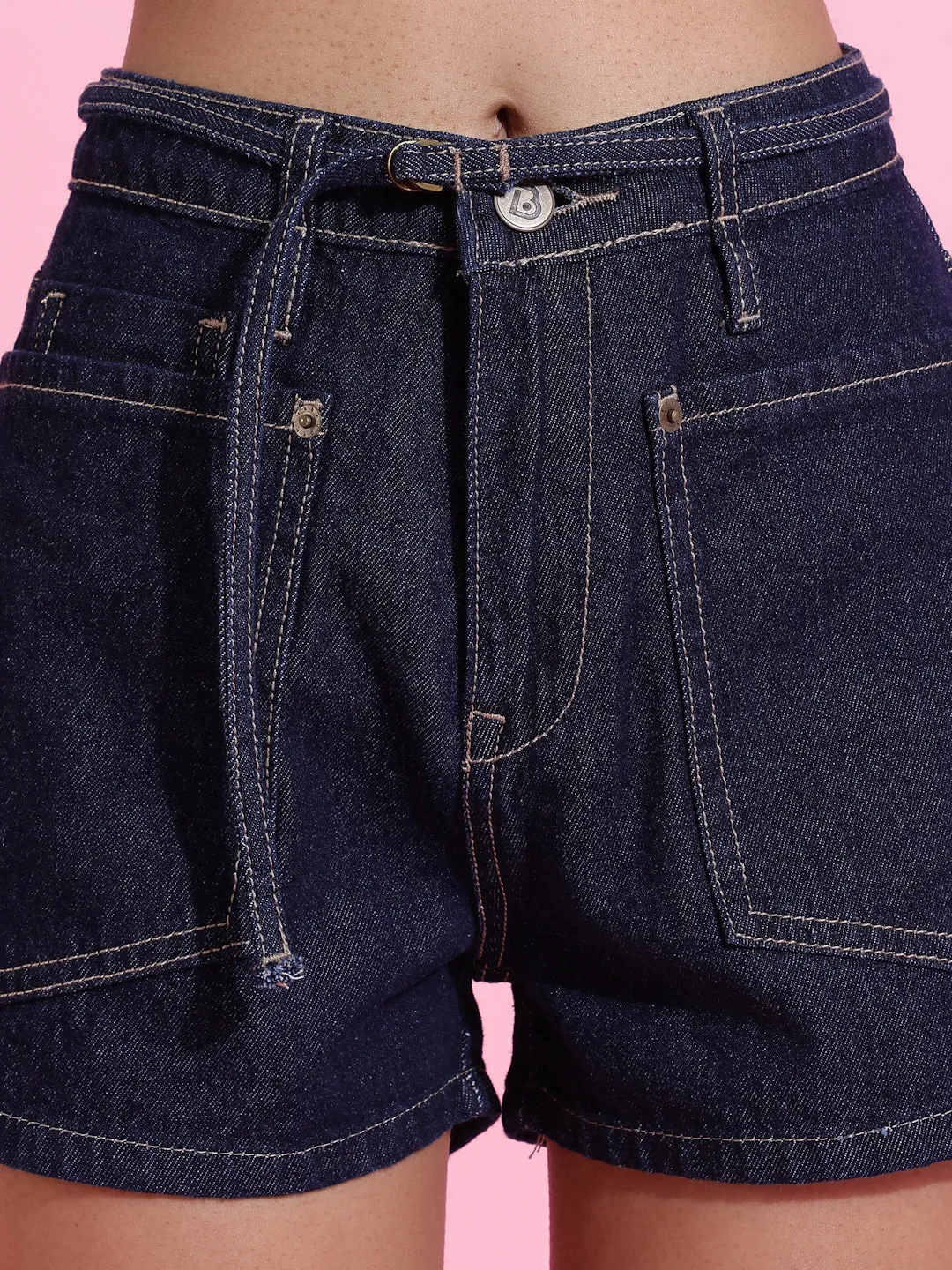 Dark Blue Solid Denim Shorts