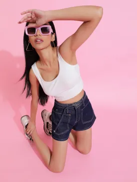Dark Blue Solid Denim Shorts