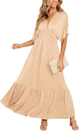 DEEP SELF Women’s Summer V Neck Batwing Short Sleeve Maxi Dress Casual Loose High Waist Flowy Long Beach Dress