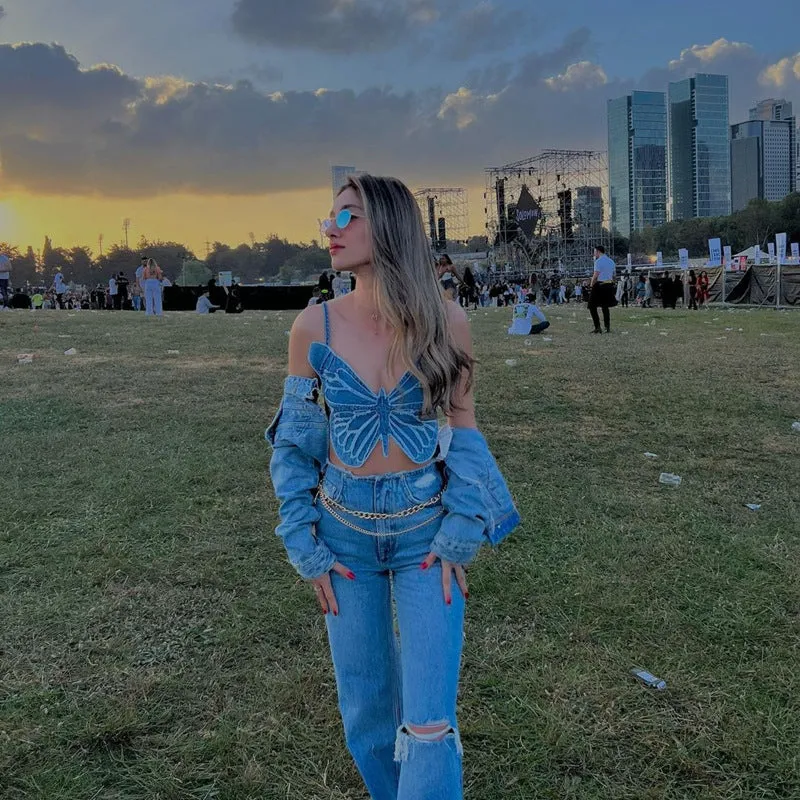 Denim Butterfly Embroidered Halter Corset Top