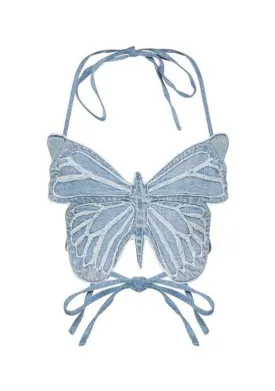Denim Butterfly Embroidered Halter Corset Top