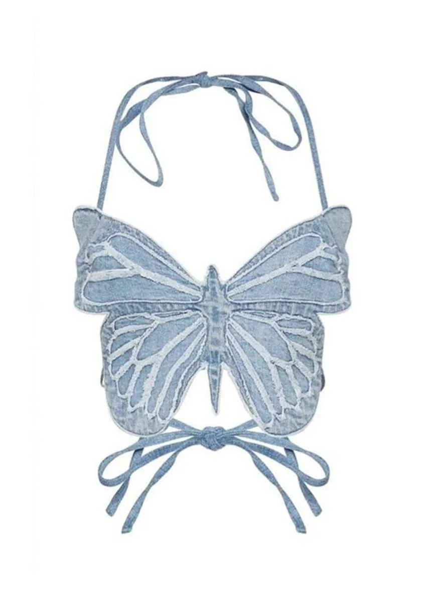 Denim Butterfly Embroidered Halter Corset Top