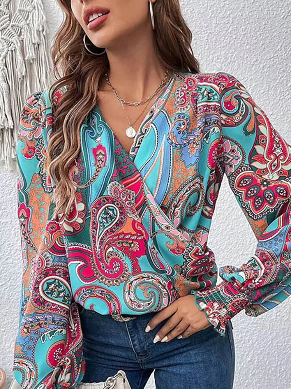 Elasticity Printed Long Sleeves Loose V-neck Blouses&shirts Tops