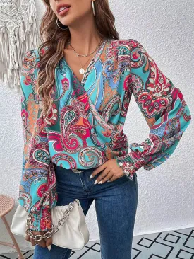 Elasticity Printed Long Sleeves Loose V-neck Blouses&shirts Tops