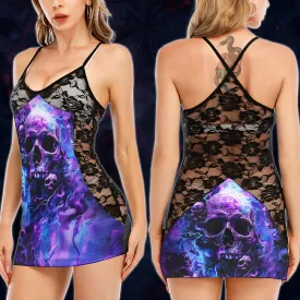 Fantasy Violet Skull Art Women's Black Lace Cami Dress Babydolls Nightgowns