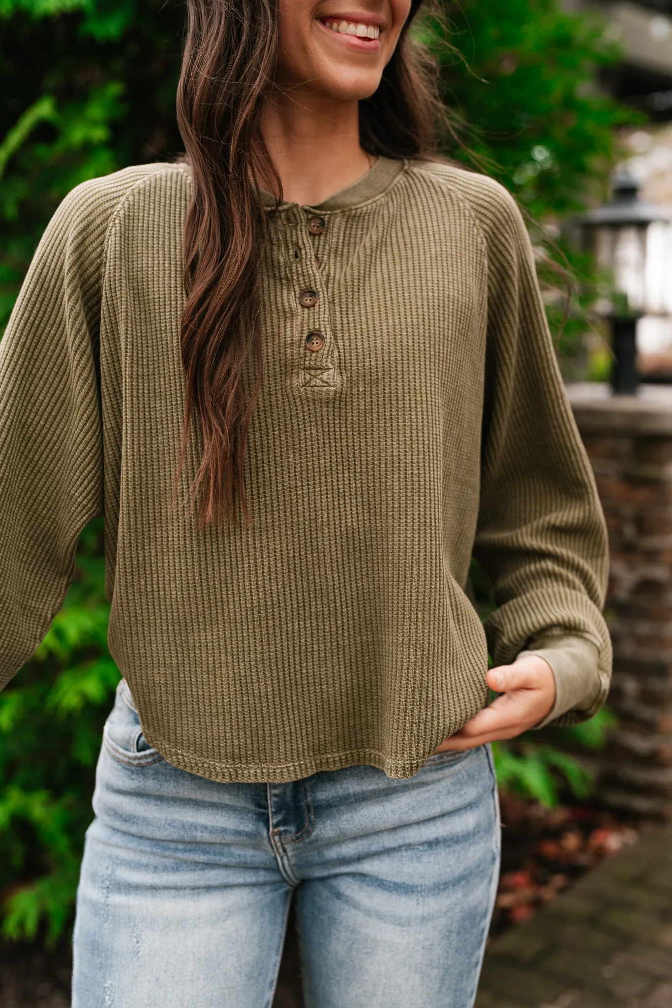 Fine Line Waffle Knit Long Sleeve- Moss