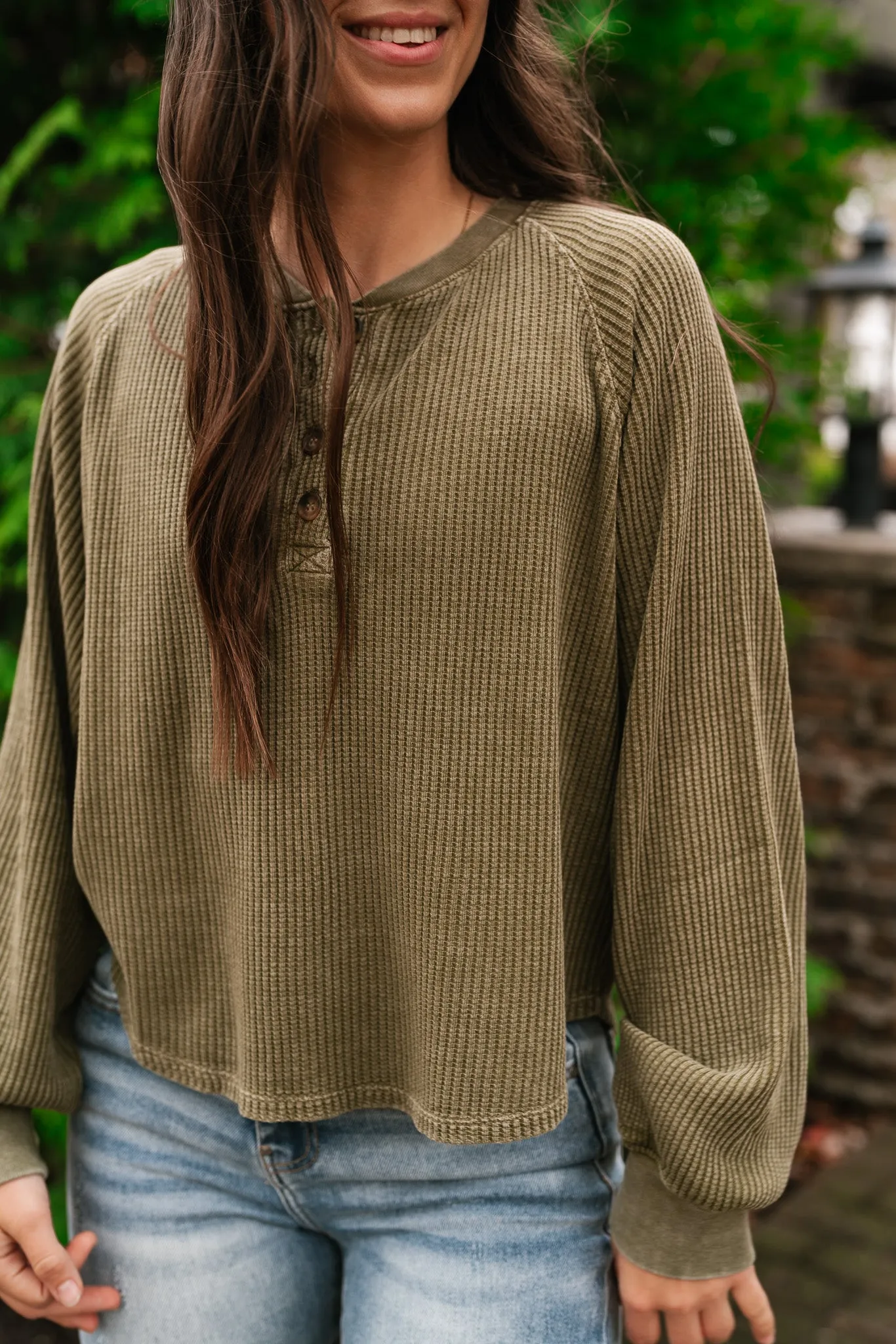 Fine Line Waffle Knit Long Sleeve- Moss