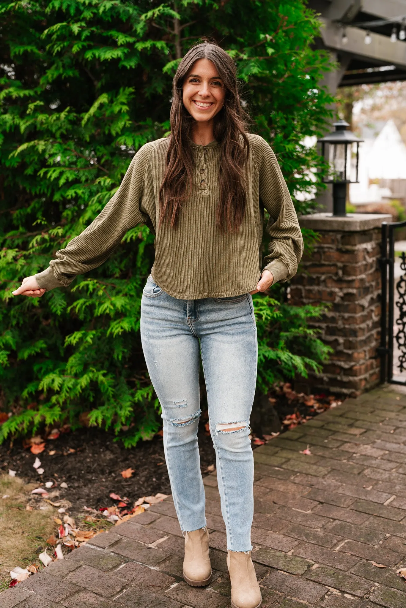 Fine Line Waffle Knit Long Sleeve- Moss