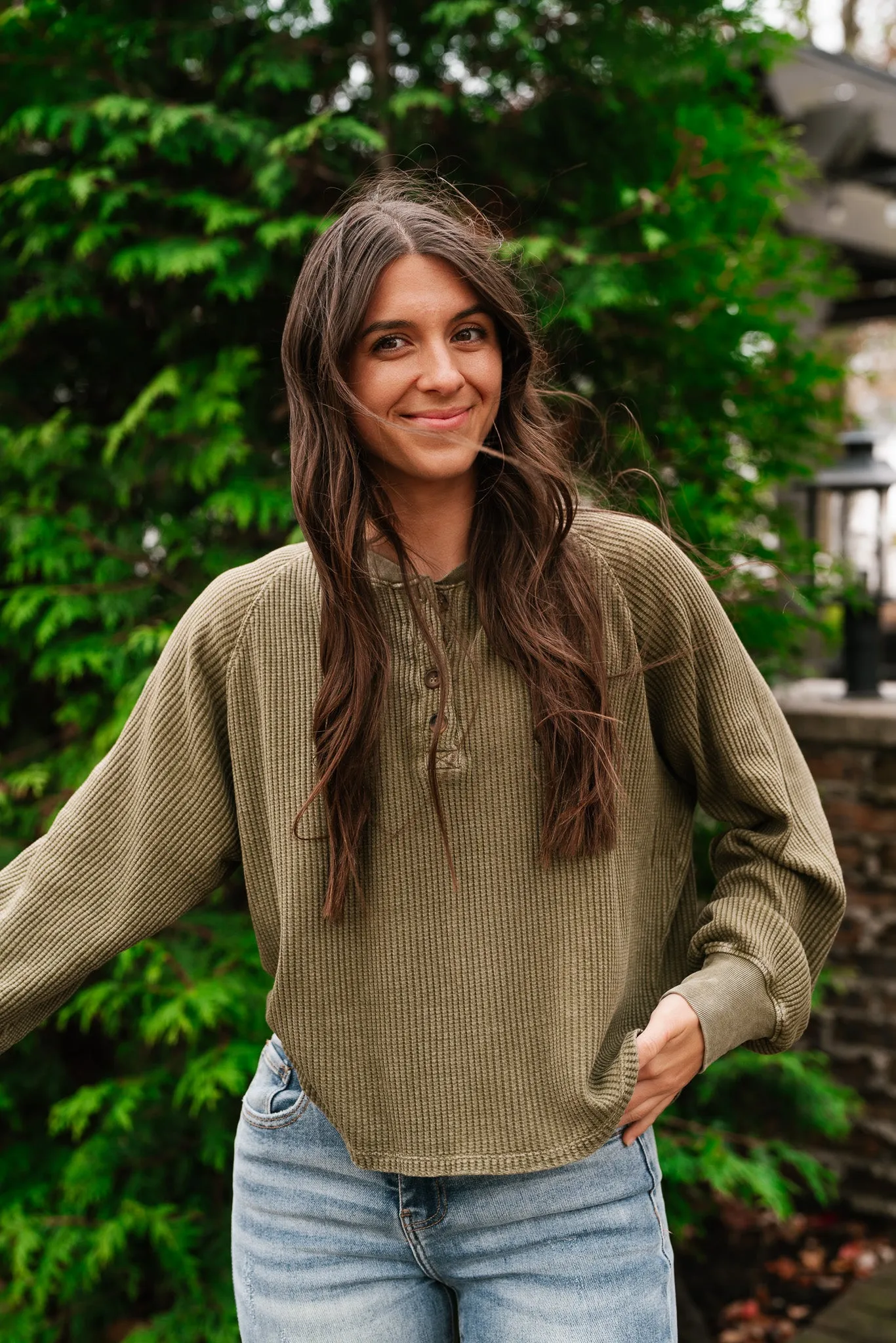 Fine Line Waffle Knit Long Sleeve- Moss