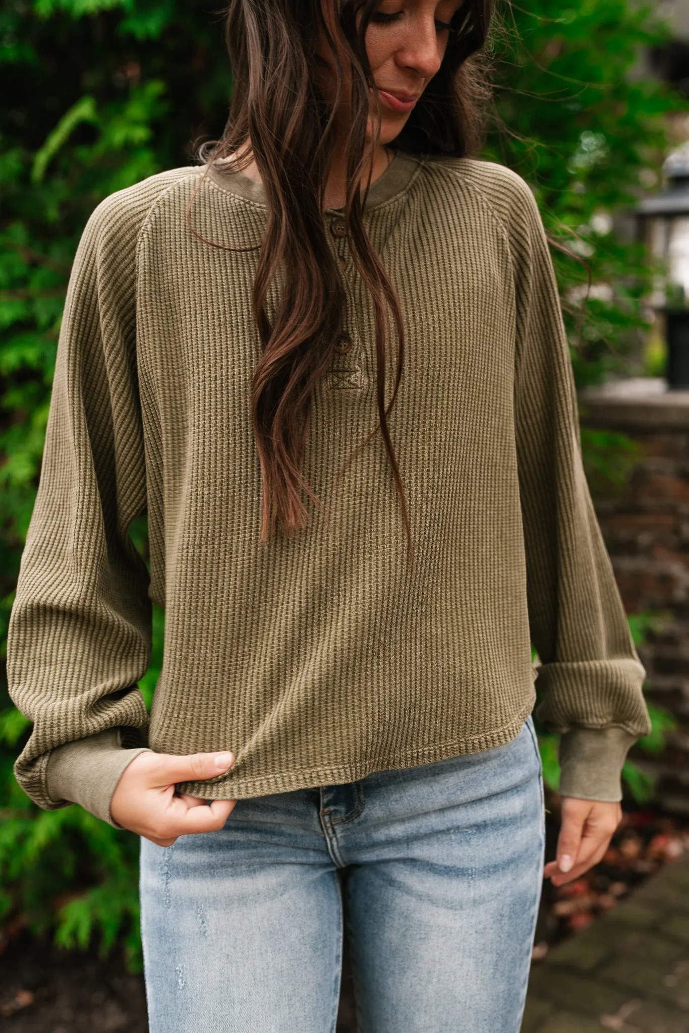 Fine Line Waffle Knit Long Sleeve- Moss