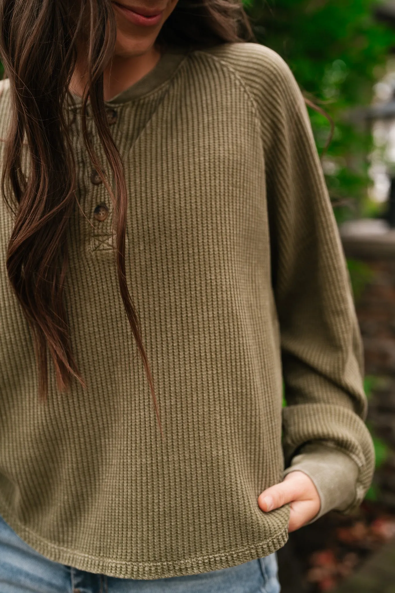 Fine Line Waffle Knit Long Sleeve- Moss