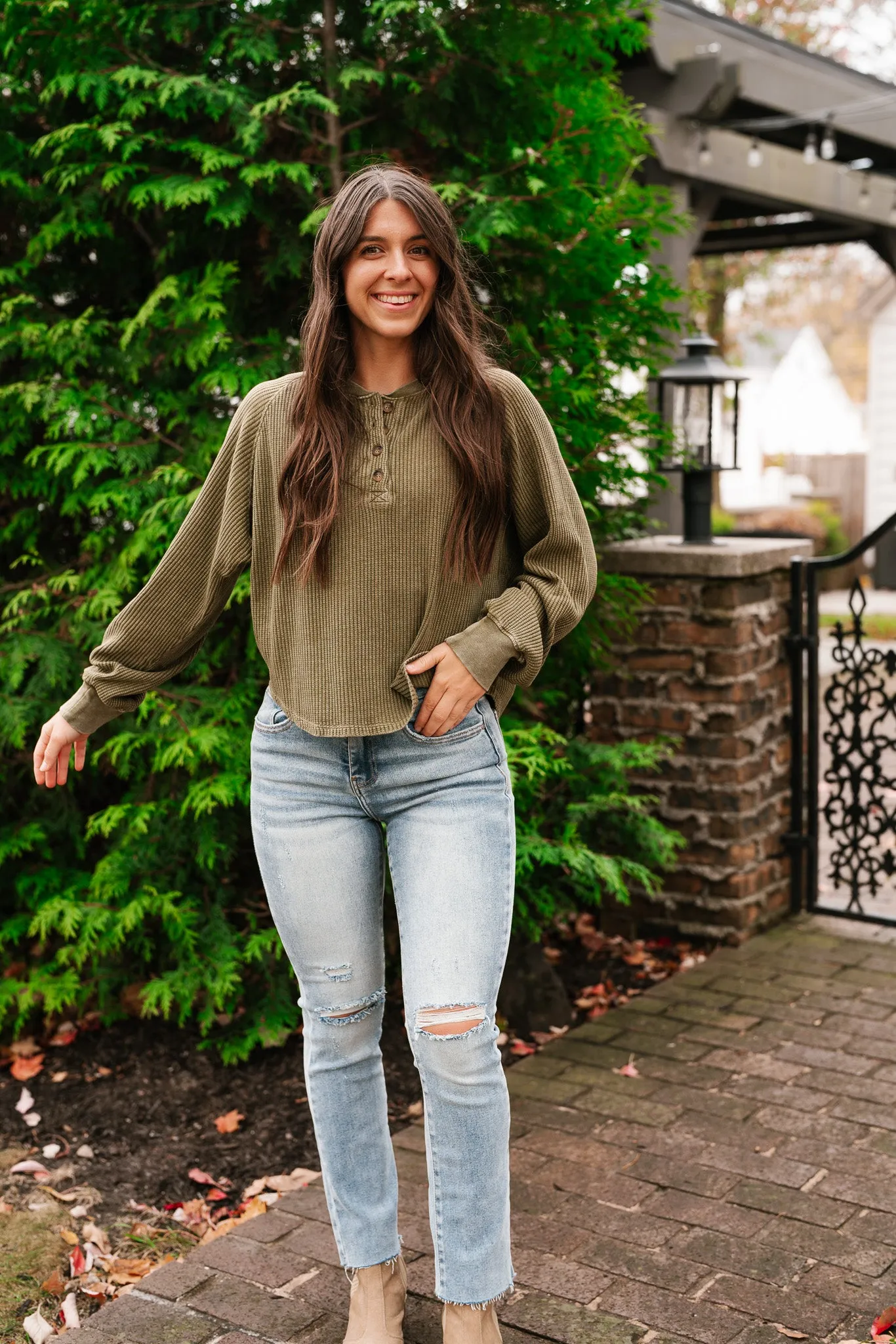 Fine Line Waffle Knit Long Sleeve- Moss
