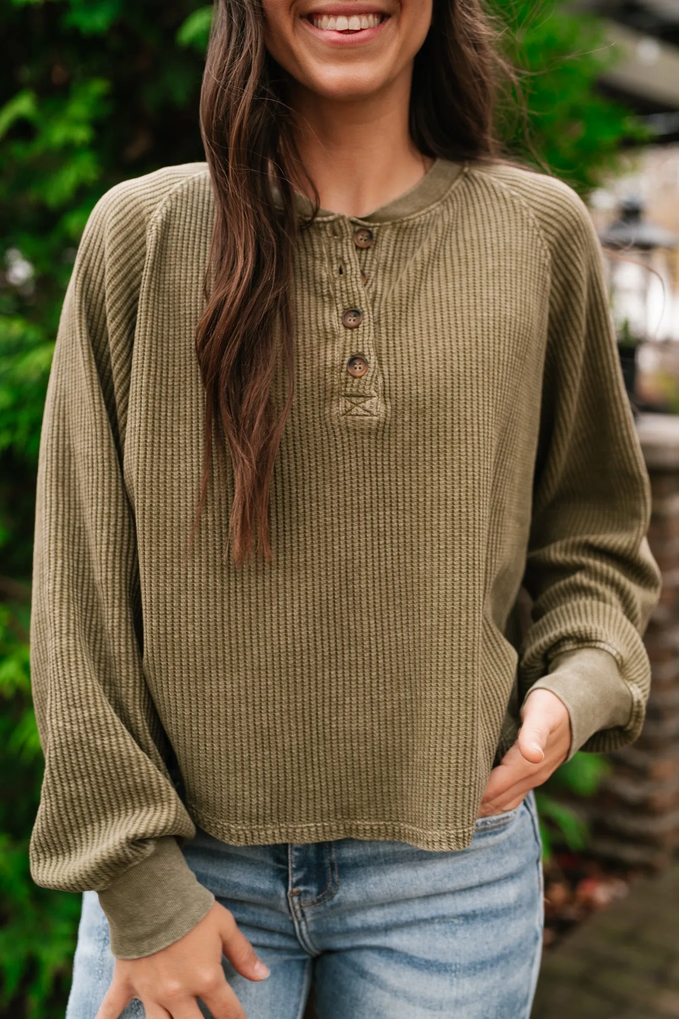 Fine Line Waffle Knit Long Sleeve- Moss