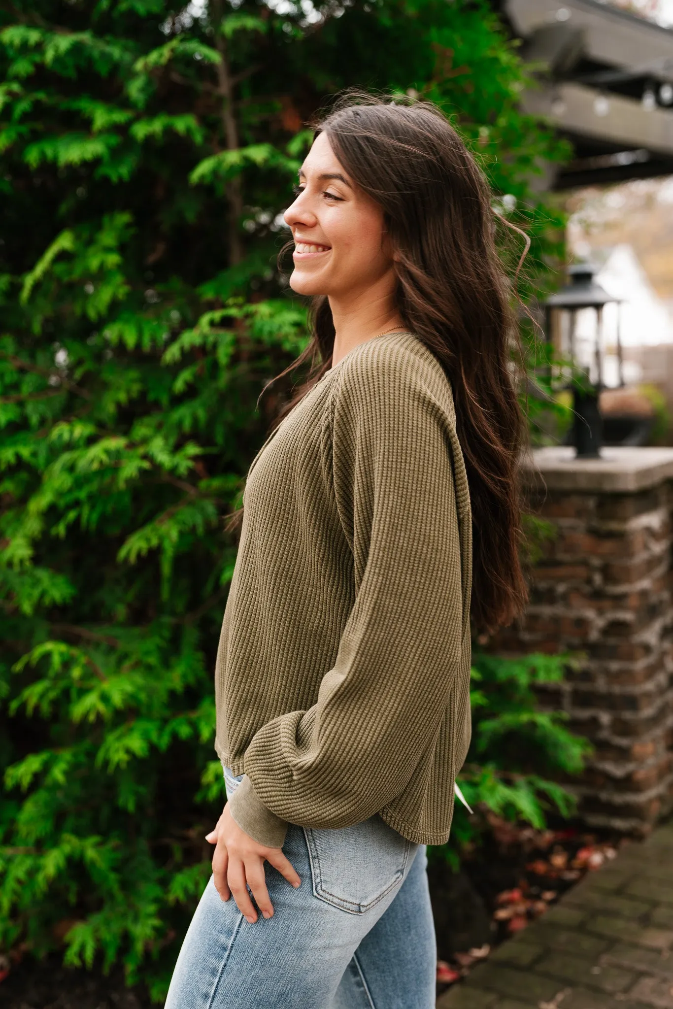 Fine Line Waffle Knit Long Sleeve- Moss
