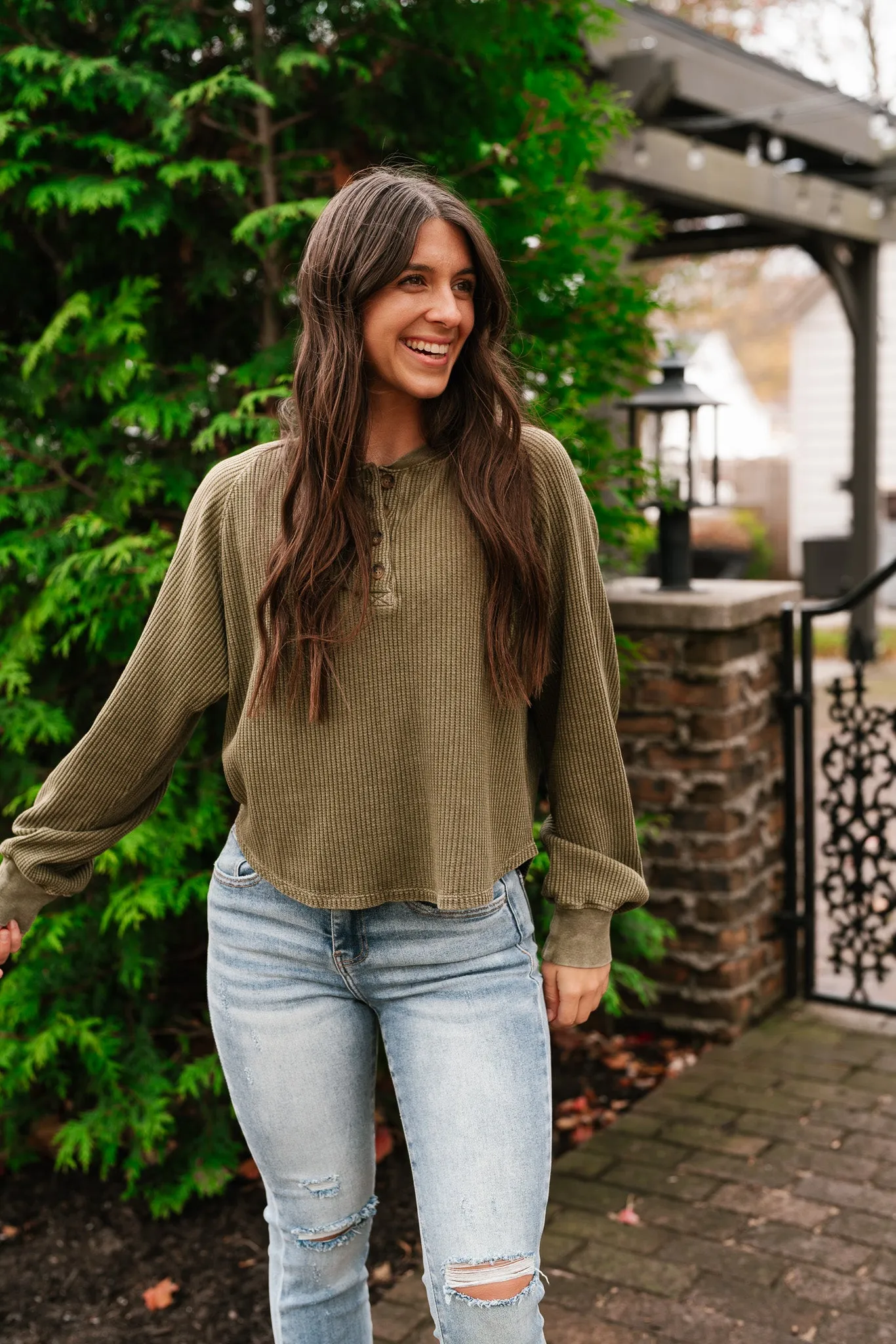 Fine Line Waffle Knit Long Sleeve- Moss