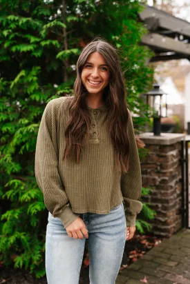 Fine Line Waffle Knit Long Sleeve- Moss
